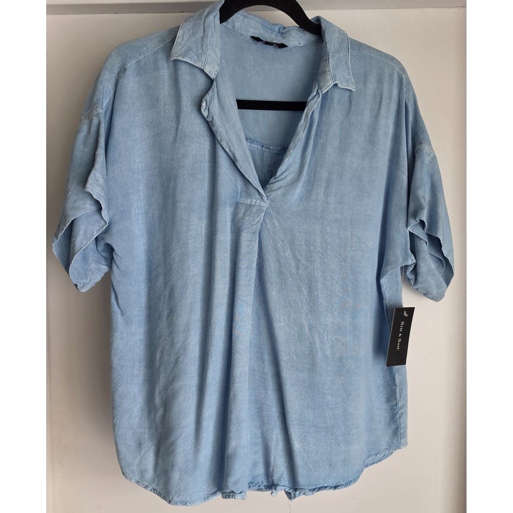 NWT Sim & Sam Women's Blouse Size S Short Sleeve Blue Rayon Lightweight